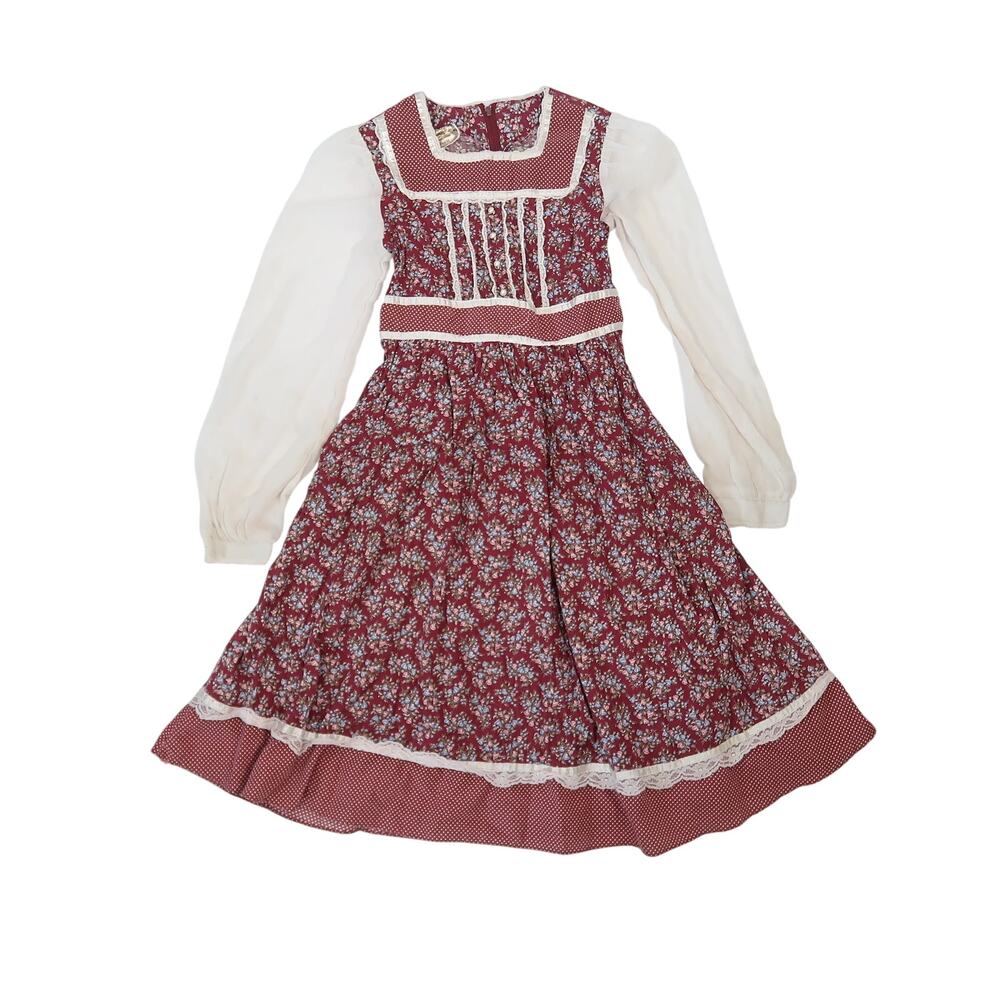 Vintage 70s Gunne Sax Jeunes Filles Burgundy Floral Prairie Dress Girls 7